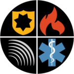 Circle with four symbols, medical asterisks, fire, shield with 7 point star, and wifi